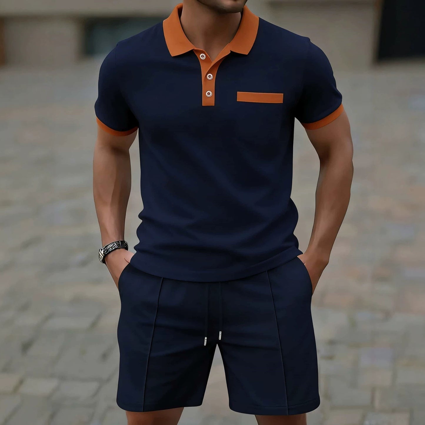 Men's Casual Polo Shirt and Shorts Set