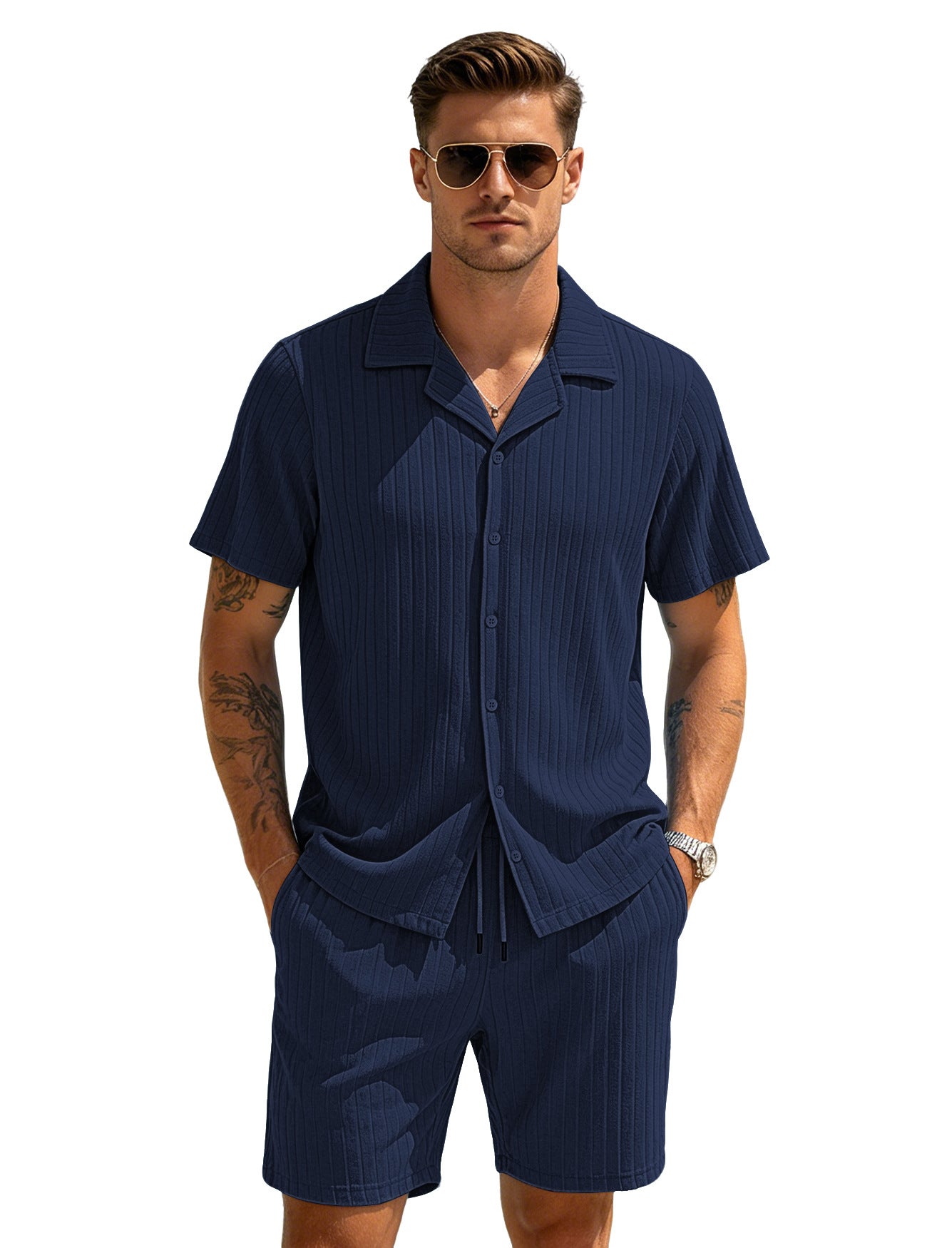 Men's Striped Button-down Shorts Set