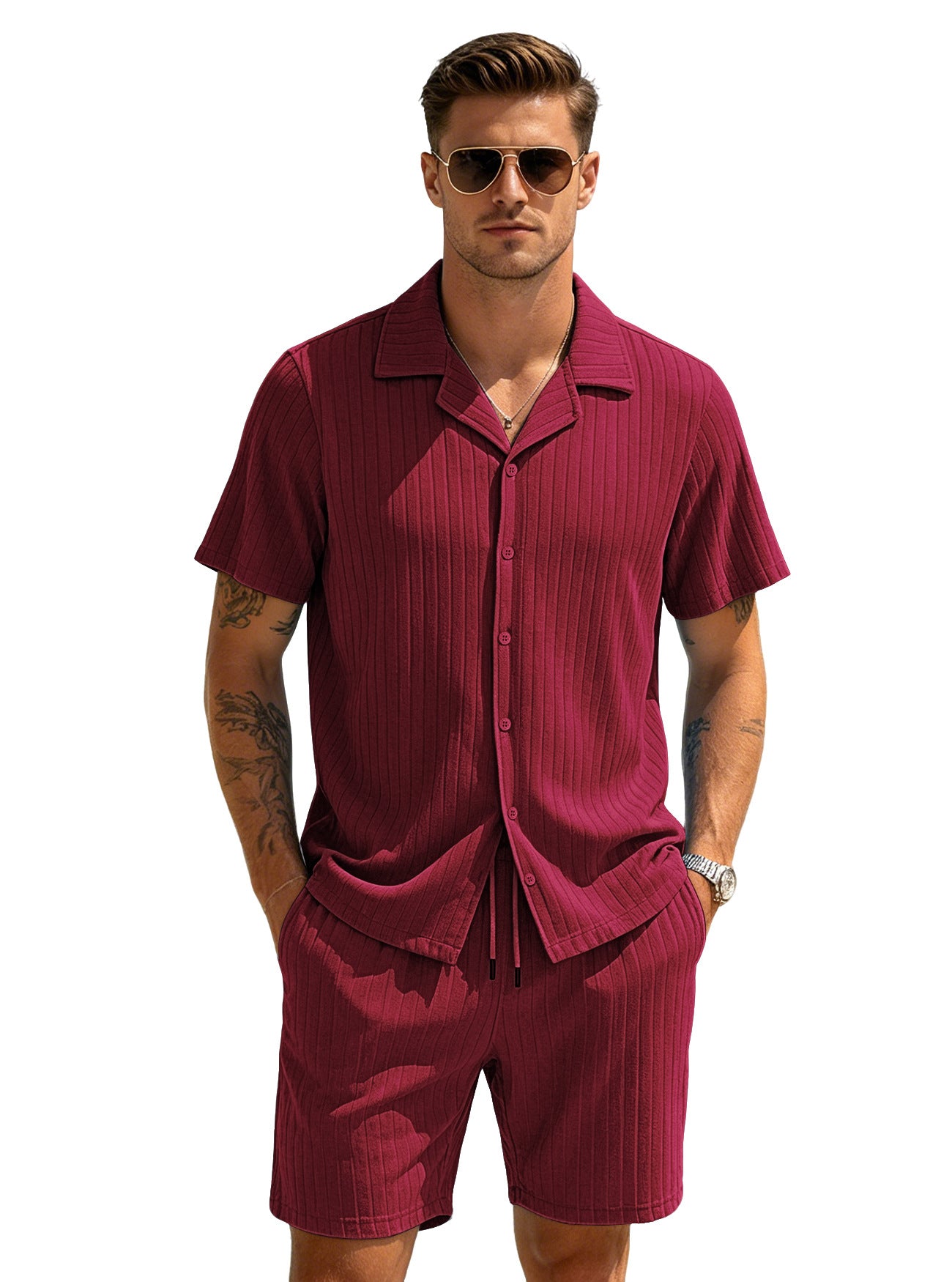 Men's Striped Button-down Shorts Set