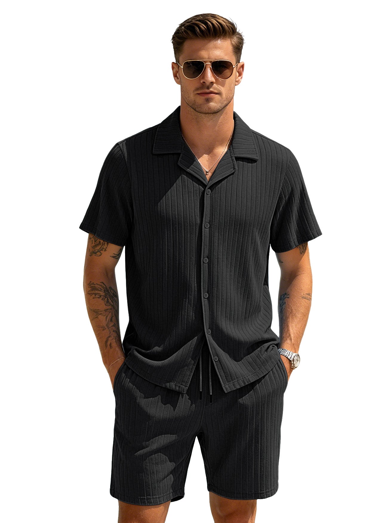 Men's Striped Button-down Shorts Set