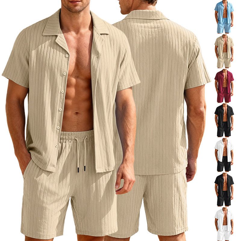 Men's Striped Button-down Shorts Set
