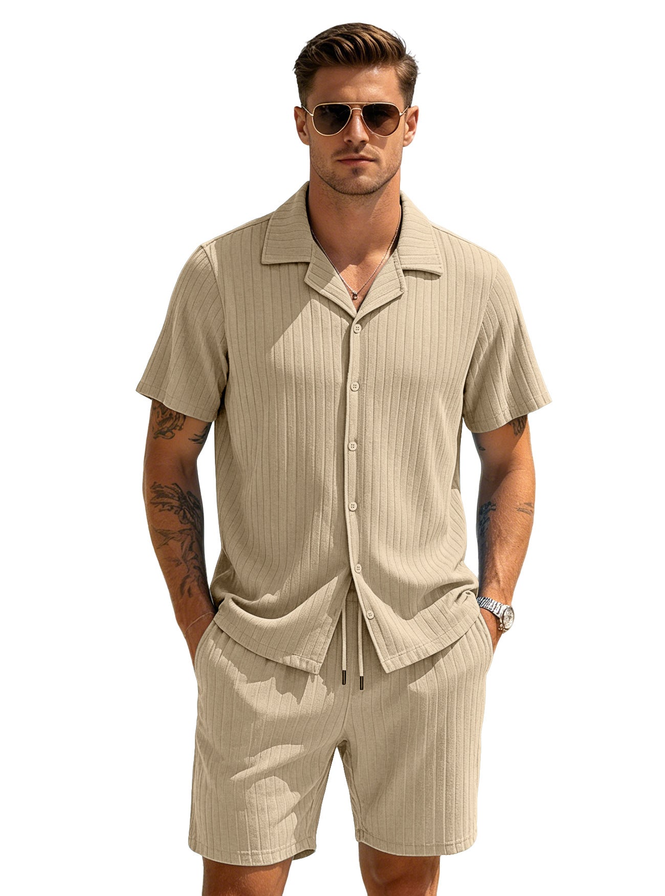 Men's Striped Button-down Shorts Set