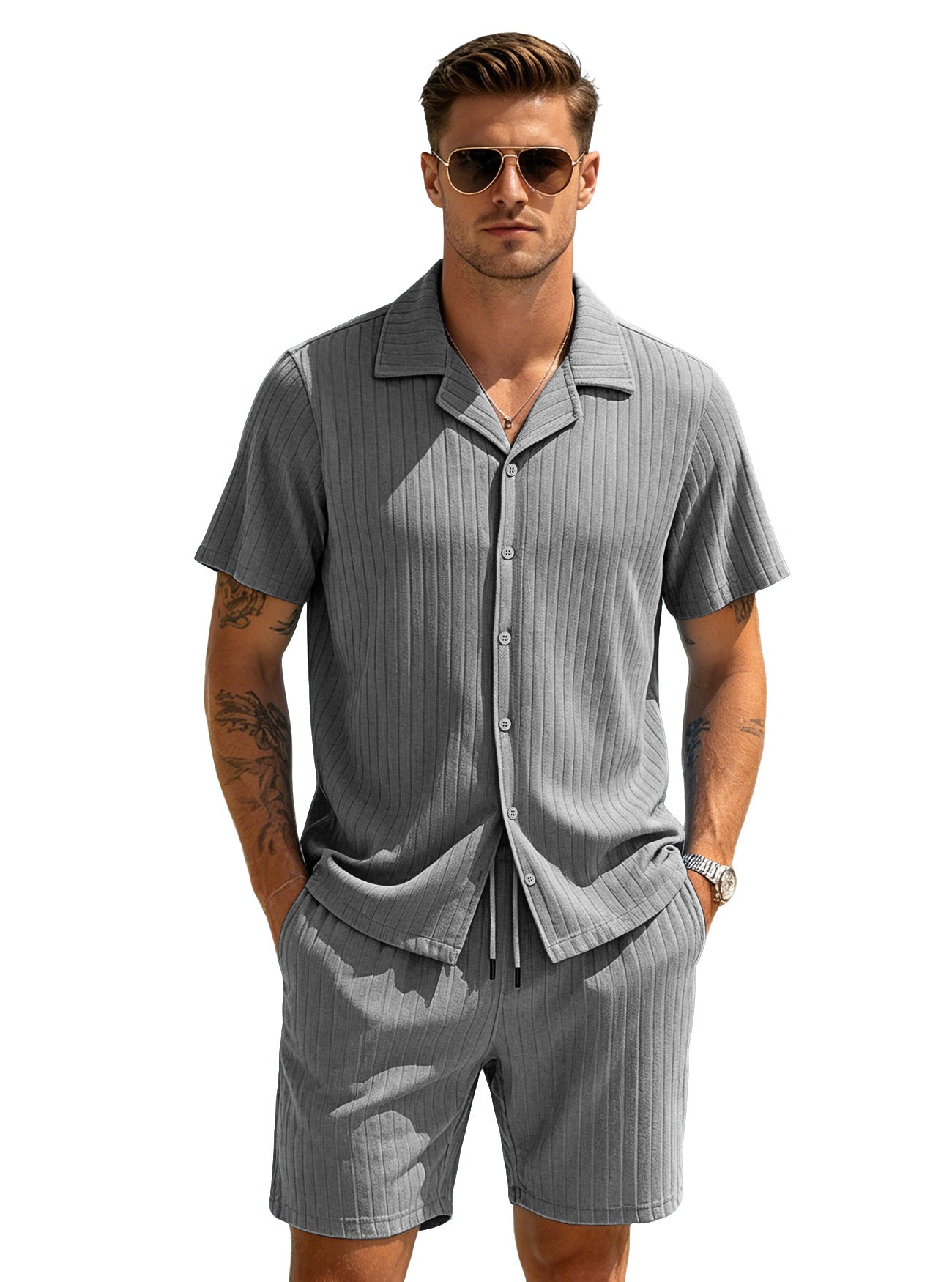 Men's Striped Button-down Shorts Set