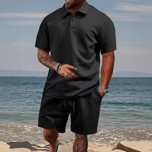 Men's Jacquard Lapel Polo Shirt Shorts Set