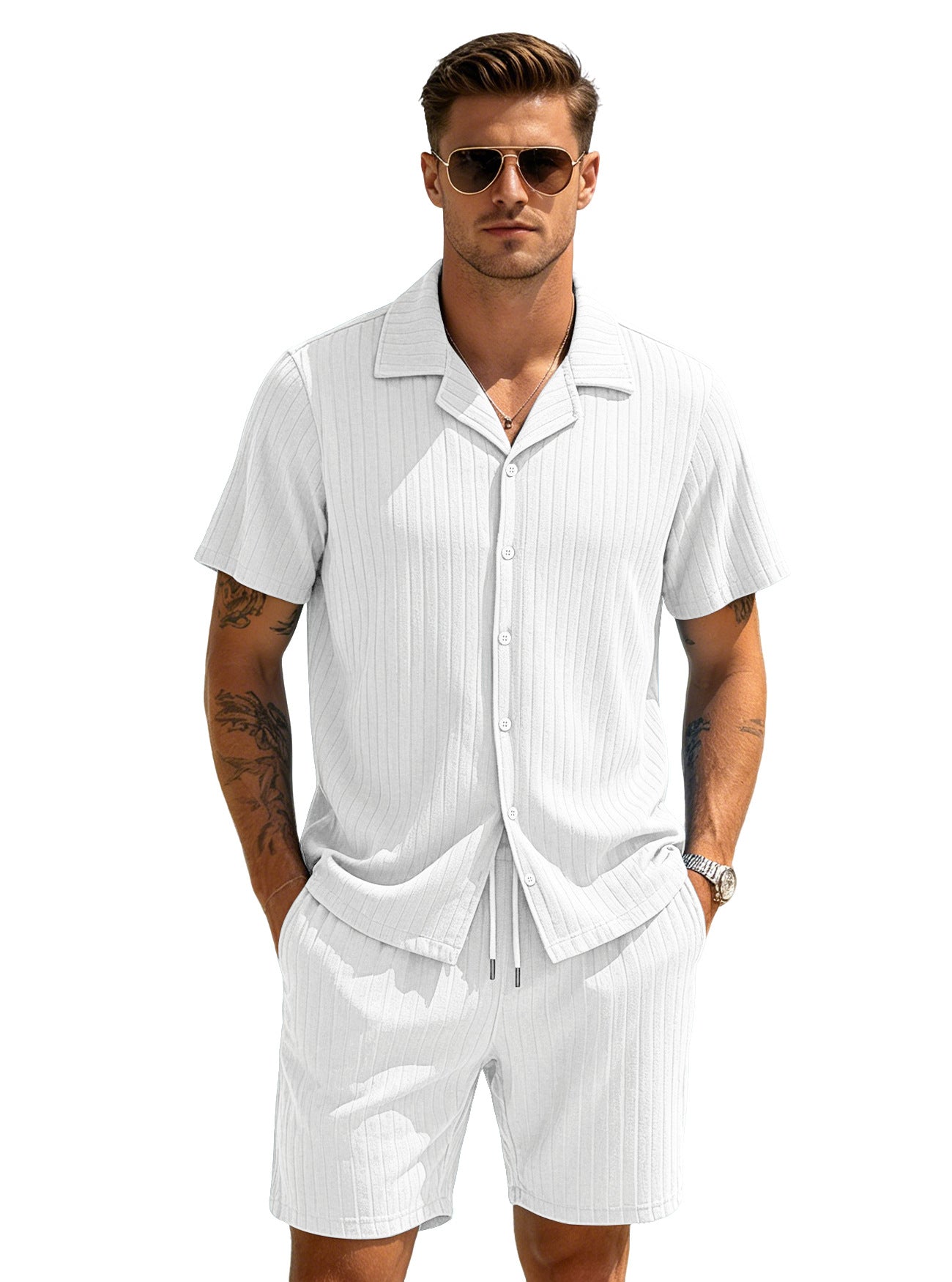 Men's Striped Button-down Shorts Set